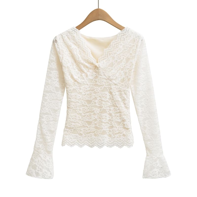 V-Neck Lace Detailed Long Sleeve Top