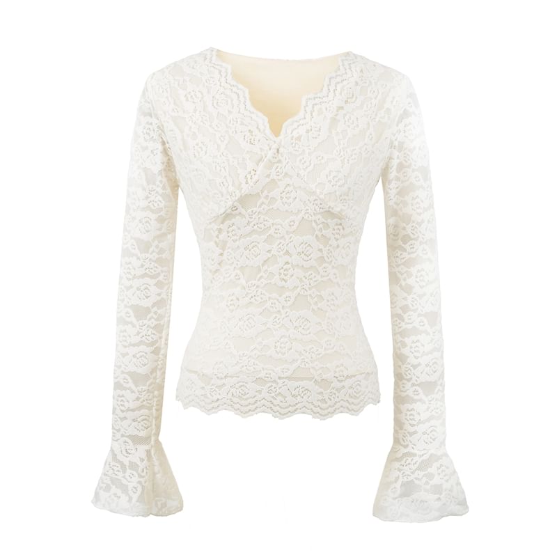 V-Neck Lace Detailed Long Sleeve Top