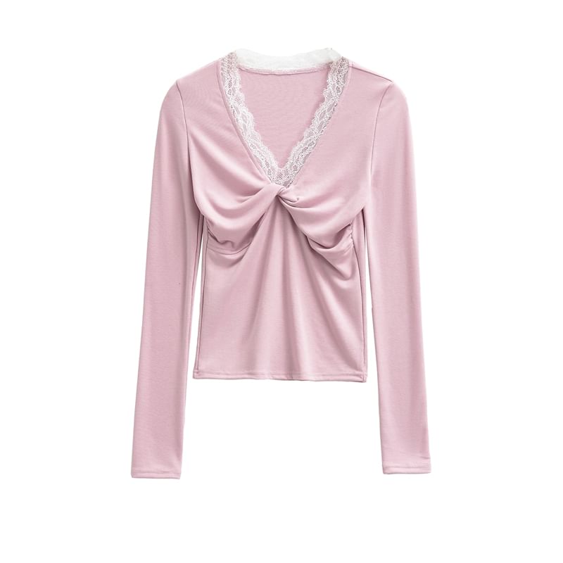 Ruched V-Neck Lace Trim Long Sleeve Shirt