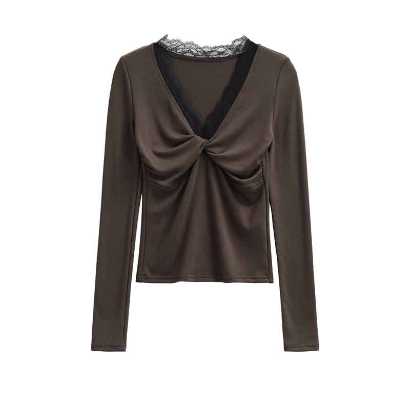 Ruched V-Neck Lace Trim Long Sleeve Shirt
