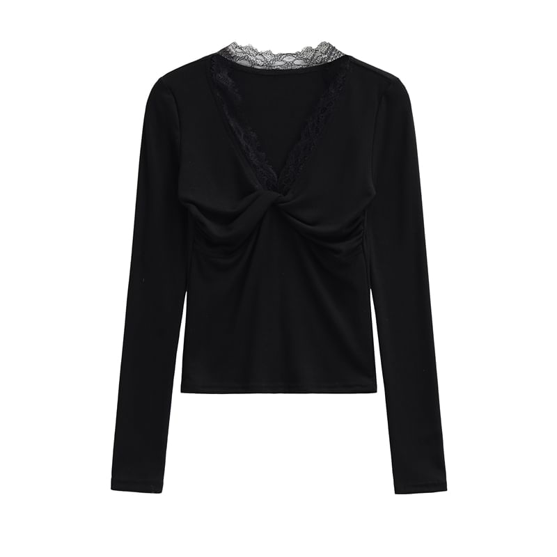 Ruched V-Neck Lace Trim Long Sleeve Shirt