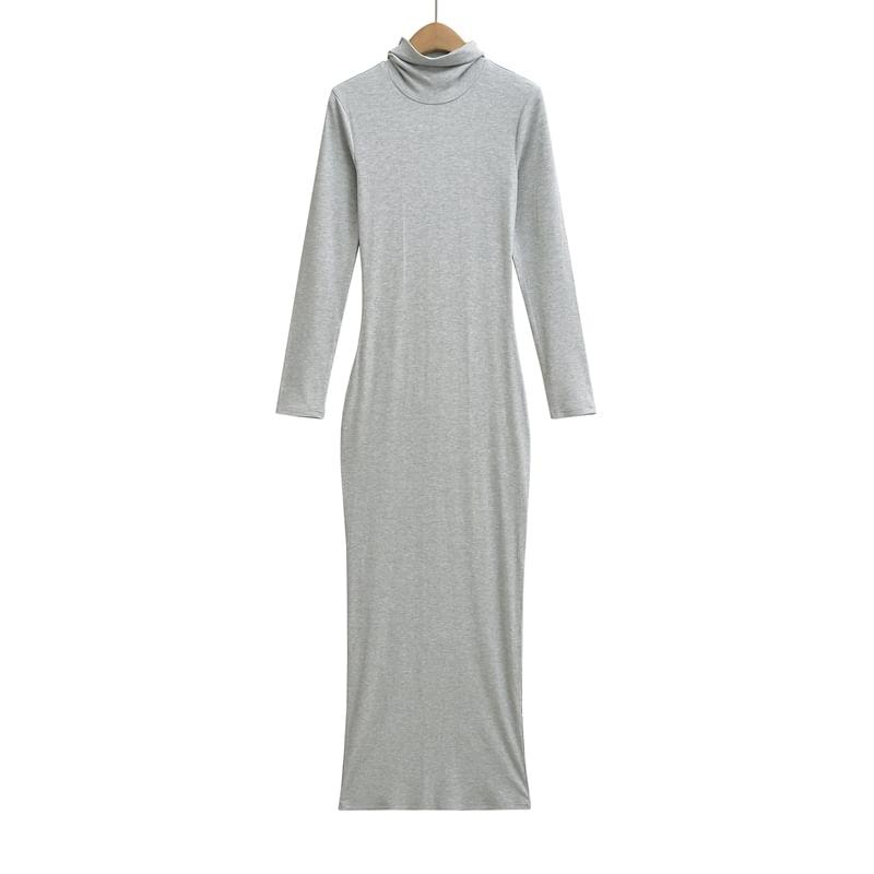 Long-Sleeve Turtleneck Plain Maxi Bodycon Dress