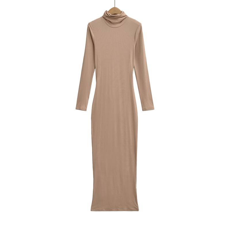 Long-Sleeve Turtleneck Plain Maxi Bodycon Dress
