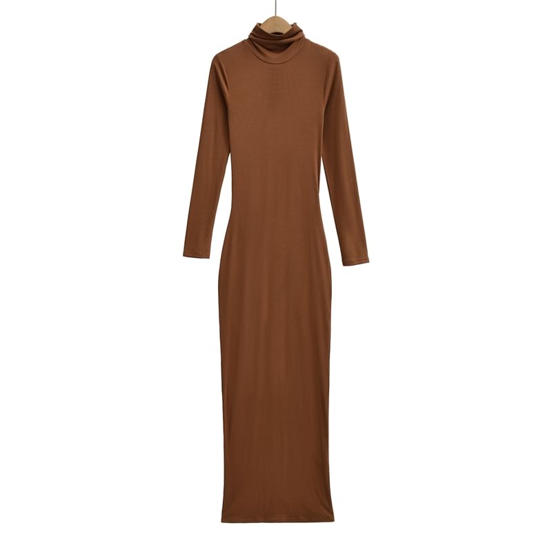 Long-Sleeve Turtleneck Plain Maxi Bodycon Dress