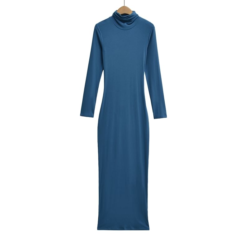 Long-Sleeve Turtleneck Plain Maxi Bodycon Dress