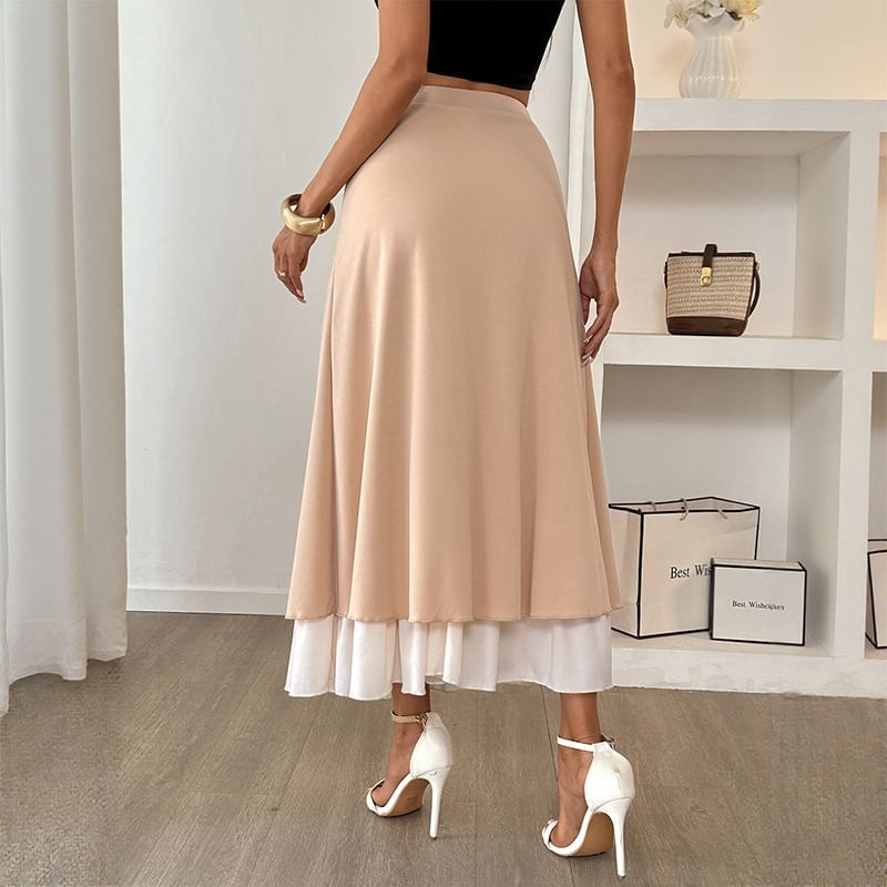 Color-Block Satin Maxi Pencil Skirt