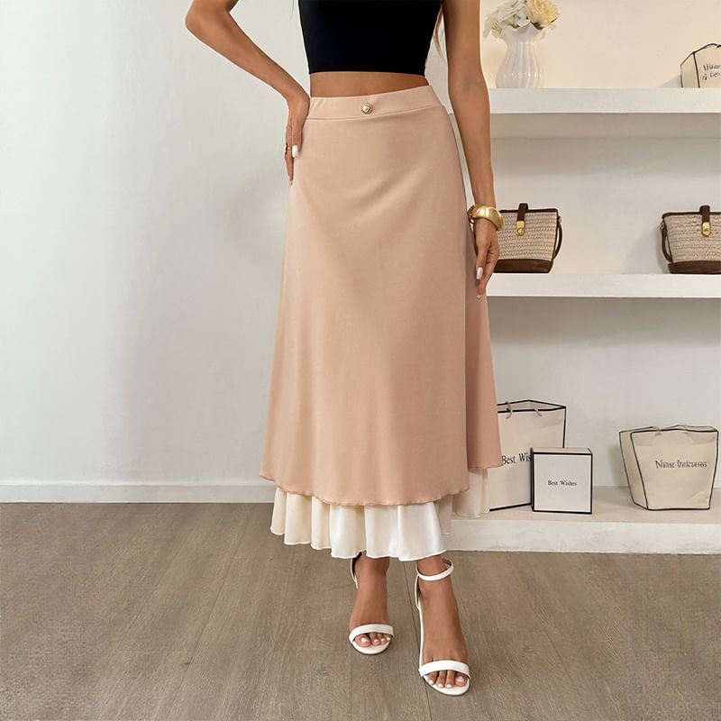 Color-Block Satin Maxi Pencil Skirt