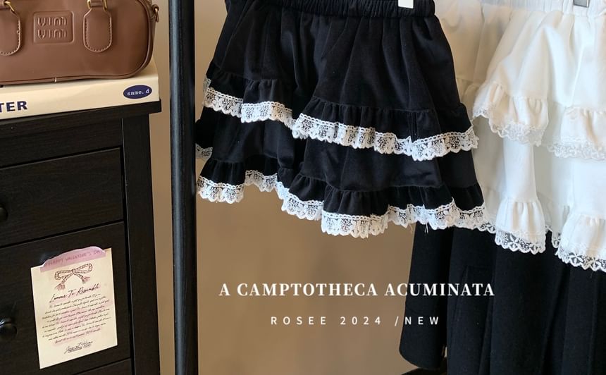 Lace Trim Mini Tiered Skirt Low Rise