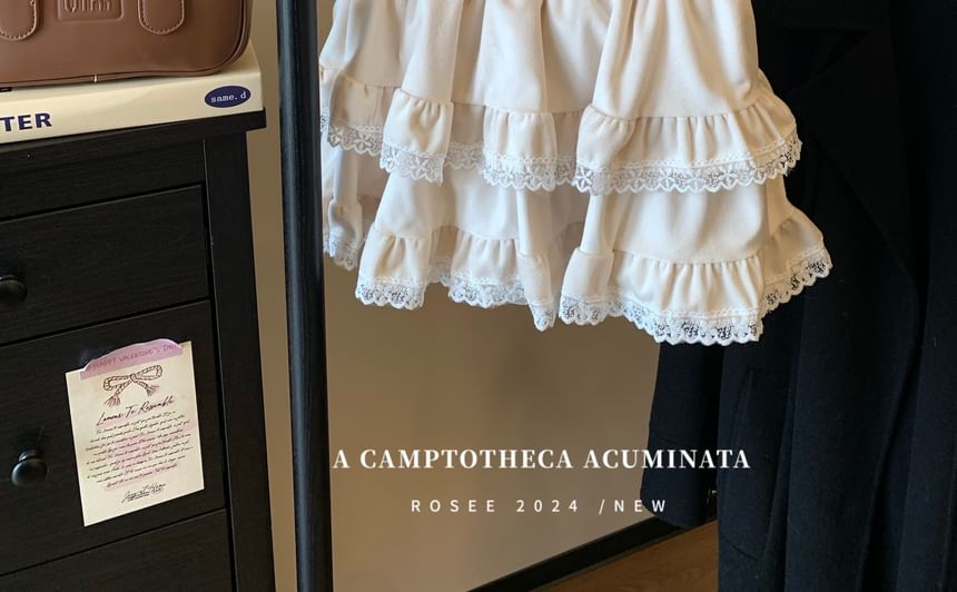 Lace Trim Mini Tiered Skirt Low Rise