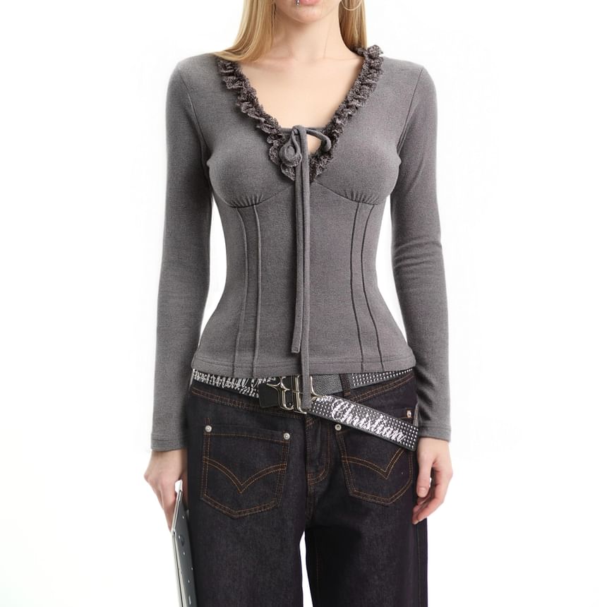 Long Sleeve V-Neck Lace Trim Tie Crop Tee