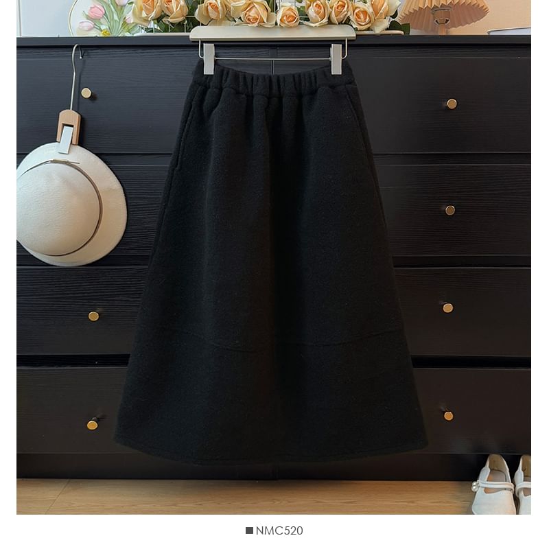 Elastic Waist Fleece Maxi A-Line Skirt