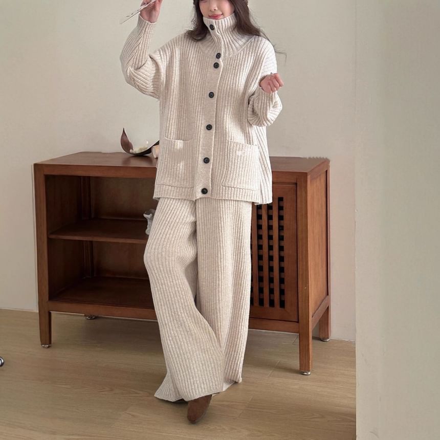 Set: Stand Collar Plain Ribbed Cardigan + High Waist Knit Wide Leg Pants