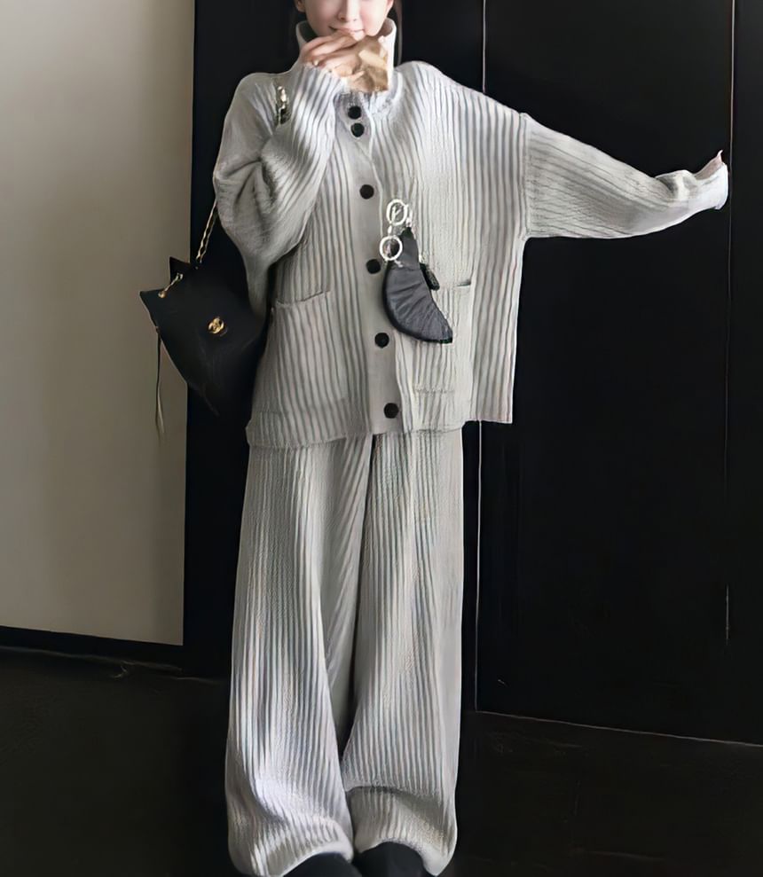 Set: Stand Collar Plain Ribbed Cardigan + High Waist Knit Wide Leg Pants