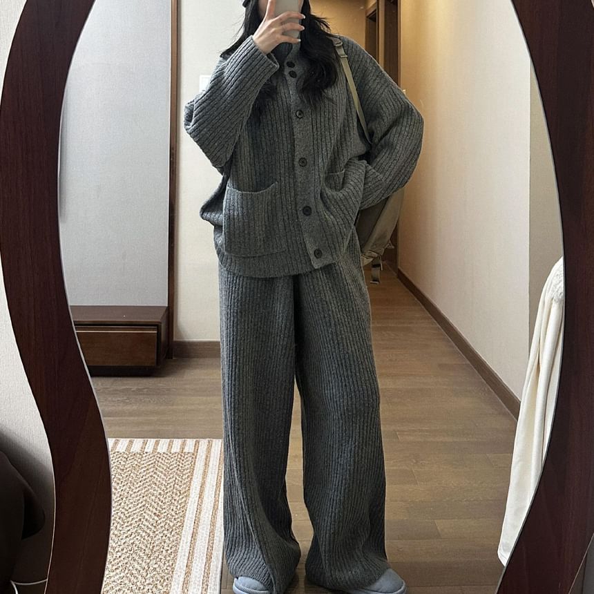 Set: Stand Collar Plain Ribbed Cardigan + High Waist Knit Wide Leg Pants