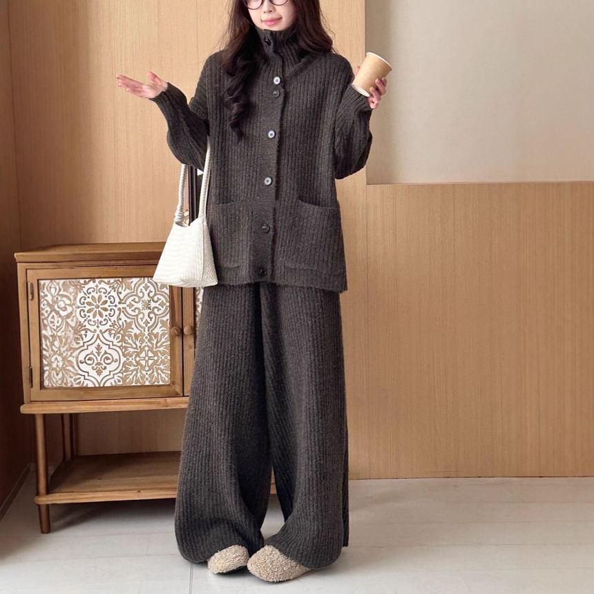 Set: Stand Collar Plain Ribbed Cardigan + High Waist Knit Wide Leg Pants