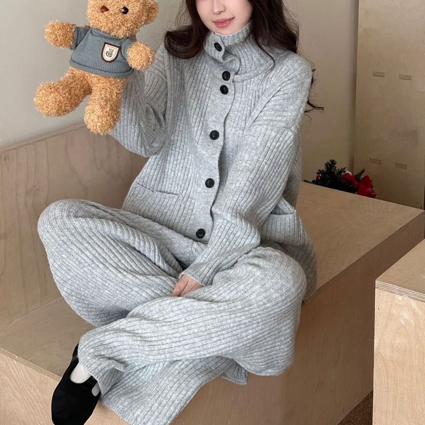 Set: Stand Collar Plain Ribbed Cardigan + High Waist Knit Wide Leg Pants