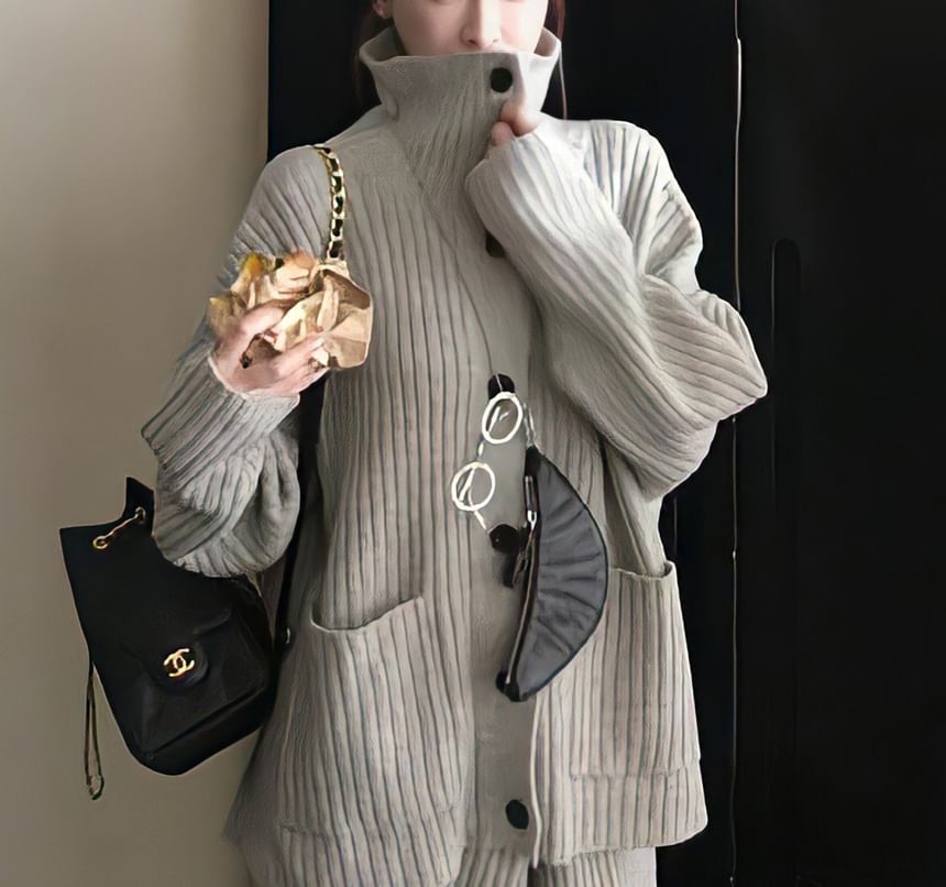 Set: Stand Collar Plain Ribbed Cardigan + High Waist Knit Wide Leg Pants