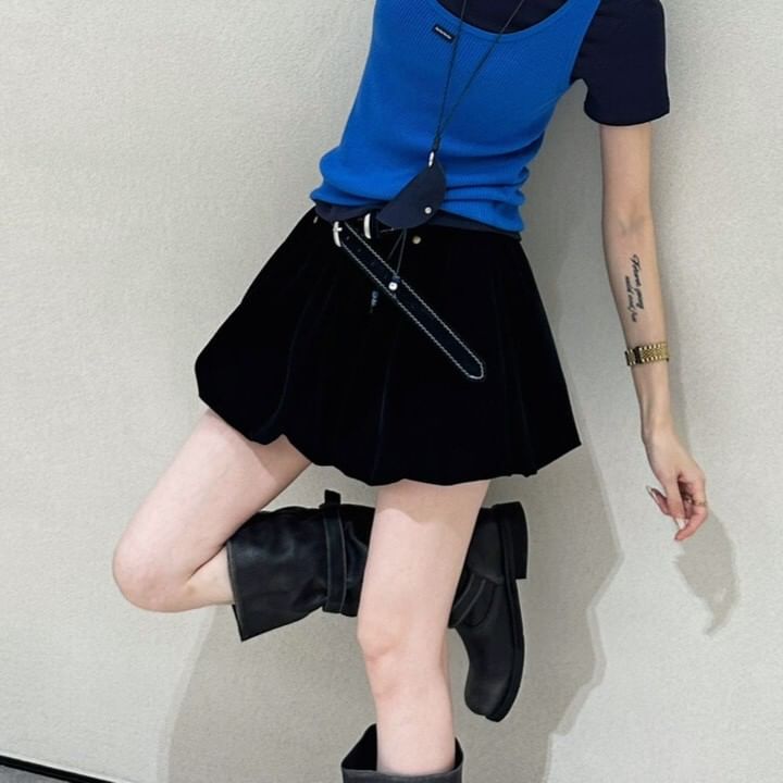 Velvet Bubble Hem Mini A-Line Skirt with High Rise
