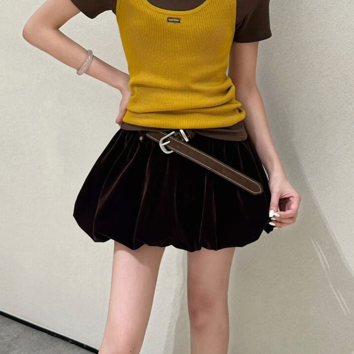 Velvet Bubble Hem Mini A-Line Skirt with High Rise