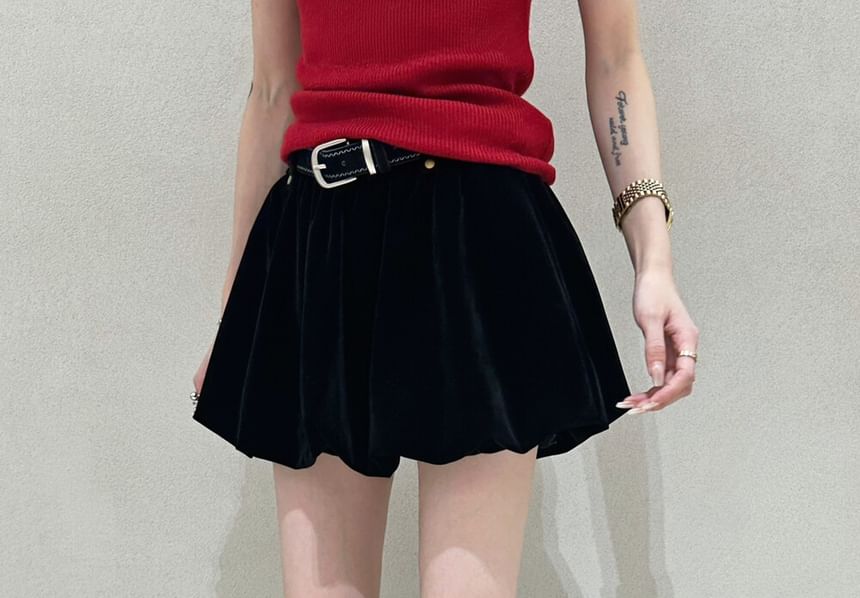 Velvet Bubble Hem Mini A-Line Skirt with High Rise