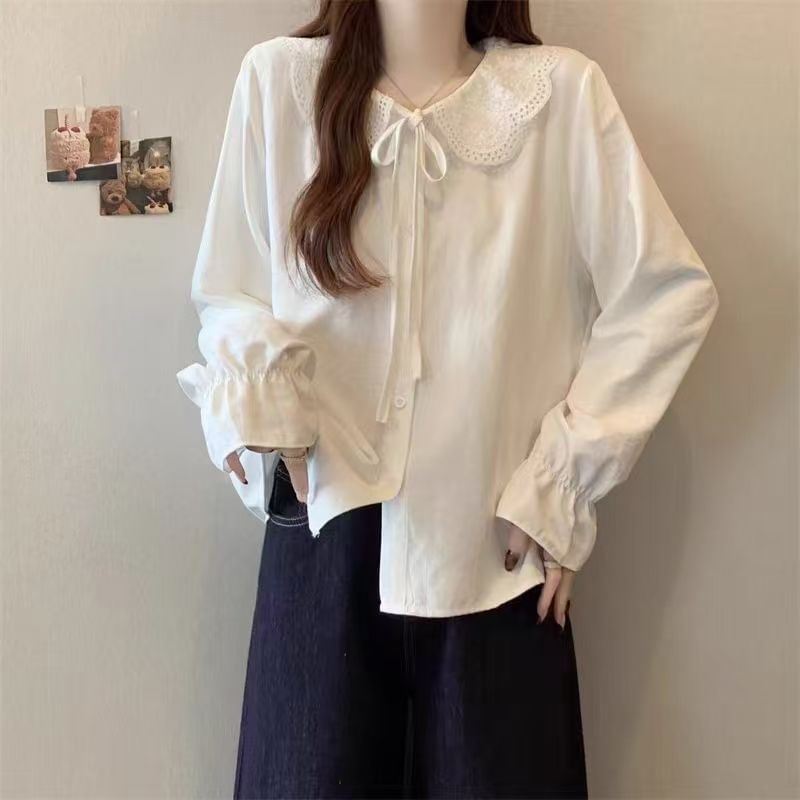 Collared Long Sleeve Lace Trim Blouse