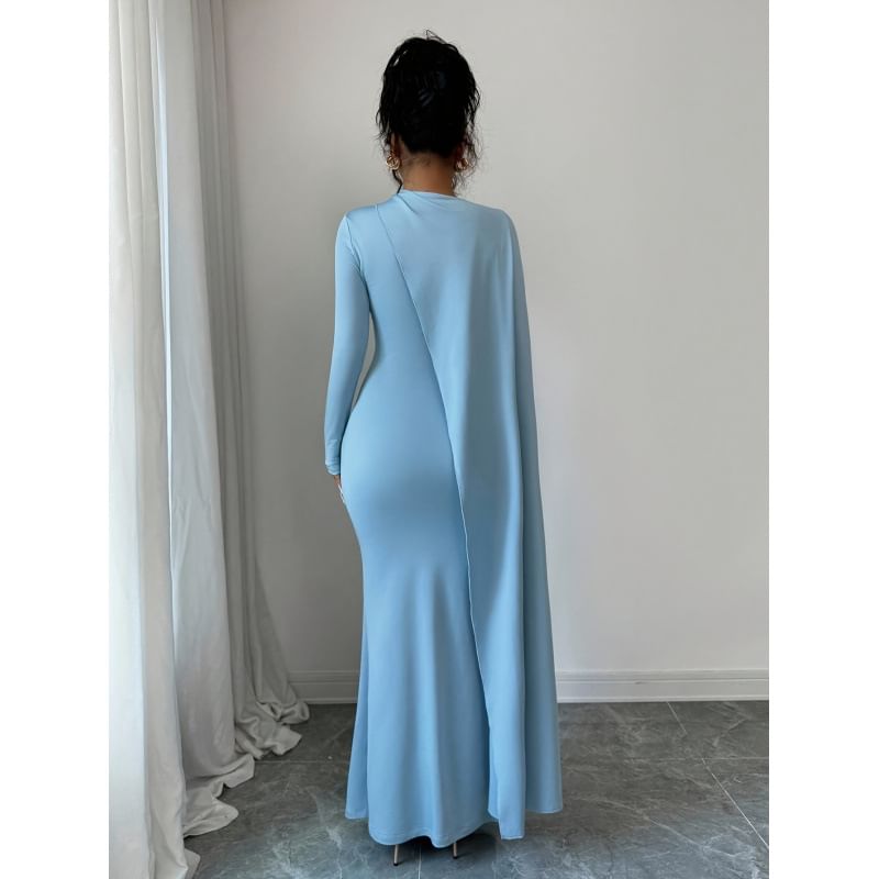 Long-Sleeve Crew Neck Plain Asymmetrical Ruched Maxi Mermaid Dress