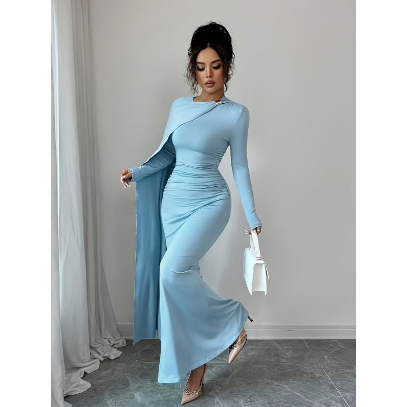 Long-Sleeve Crew Neck Plain Asymmetrical Ruched Maxi Mermaid Dress