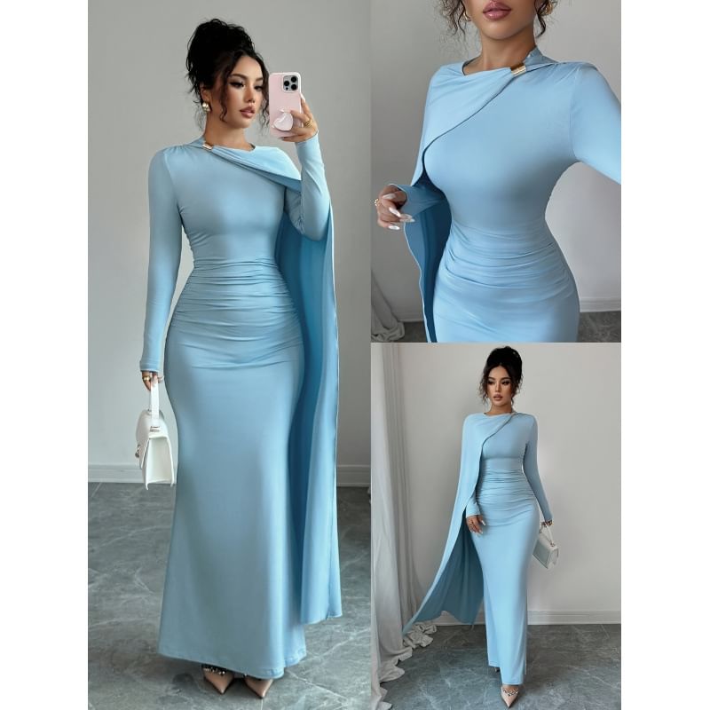 Long-Sleeve Crew Neck Plain Asymmetrical Ruched Maxi Mermaid Dress