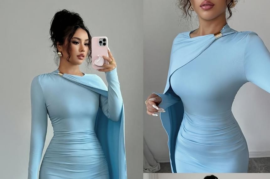 Long-Sleeve Crew Neck Plain Asymmetrical Ruched Maxi Mermaid Dress