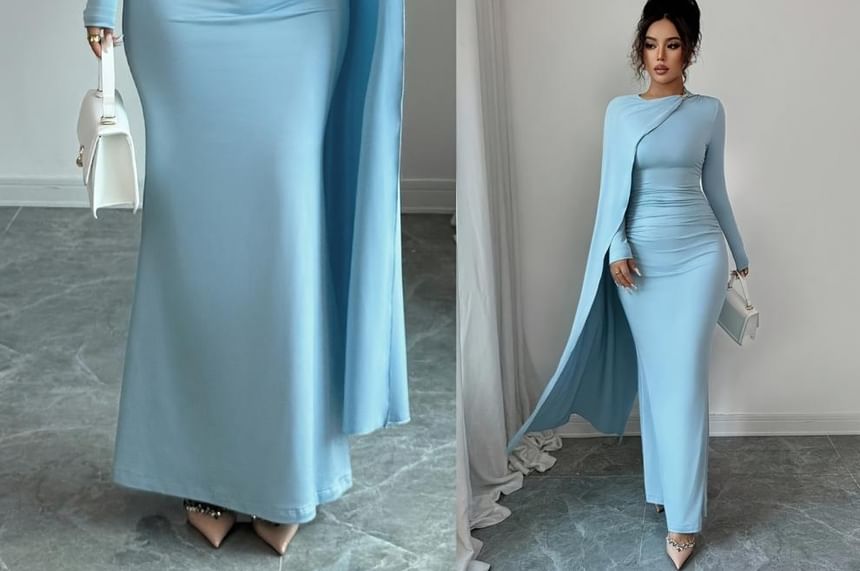 Long-Sleeve Crew Neck Plain Asymmetrical Ruched Maxi Mermaid Dress