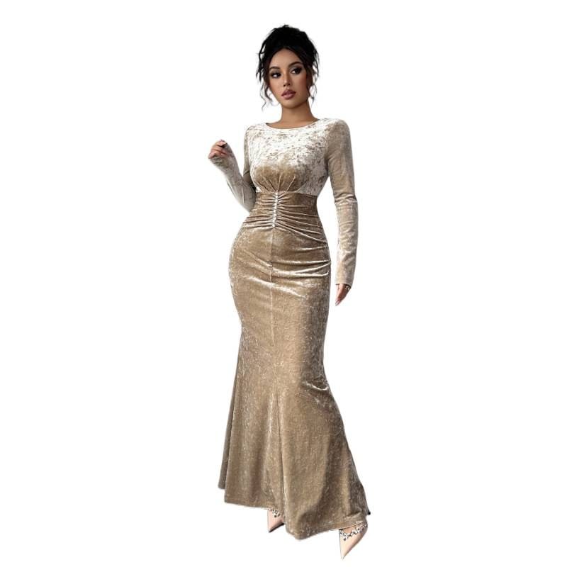 Long-Sleeve Crew Neck Faux Pearl Accent Ruched Velvet Maxi Mermaid Dress