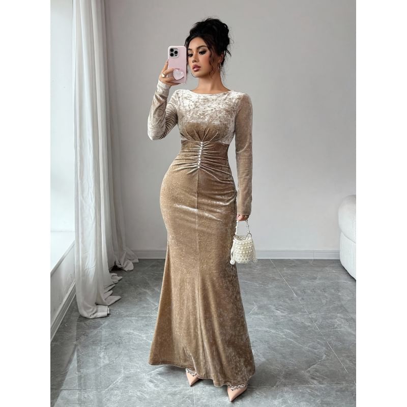 Long-Sleeve Crew Neck Faux Pearl Accent Ruched Velvet Maxi Mermaid Dress