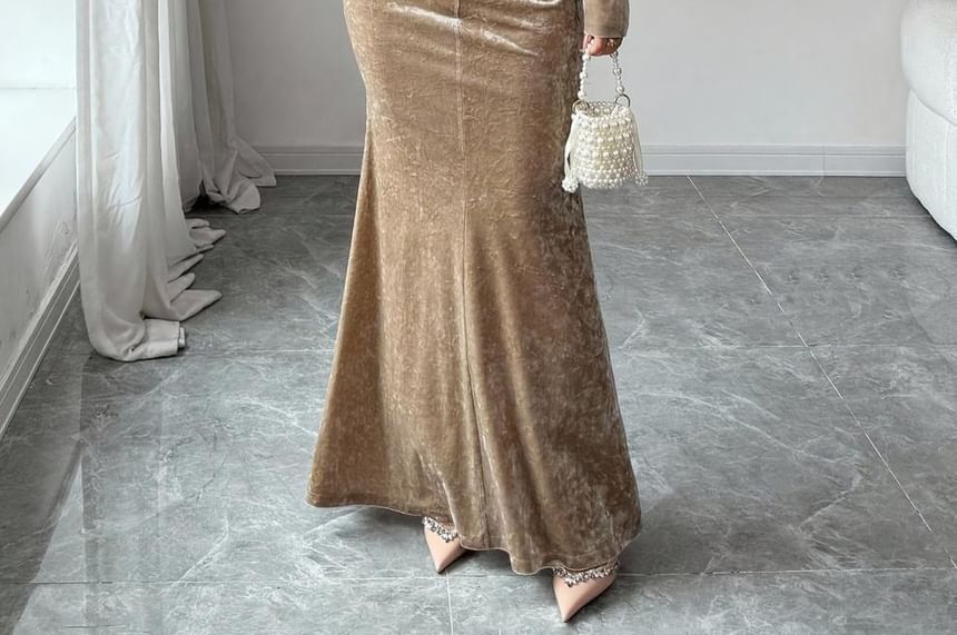 Long-Sleeve Crew Neck Faux Pearl Accent Ruched Velvet Maxi Mermaid Dress