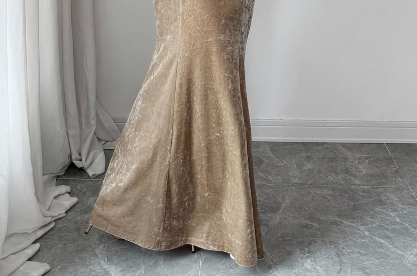 Long-Sleeve Crew Neck Faux Pearl Accent Ruched Velvet Maxi Mermaid Dress
