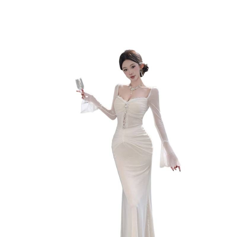Long-Sleeve V-Neck Lace Trim Cutout Ruched Mesh Maxi Mermaid Dress