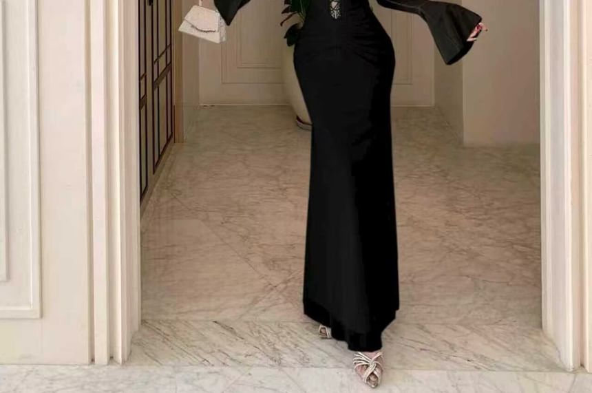 Long-Sleeve V-Neck Lace Trim Cutout Ruched Mesh Maxi Mermaid Dress