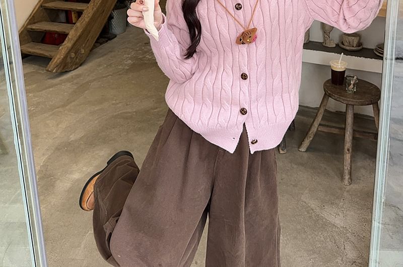 Collared Plain Cable Knit Cardigan