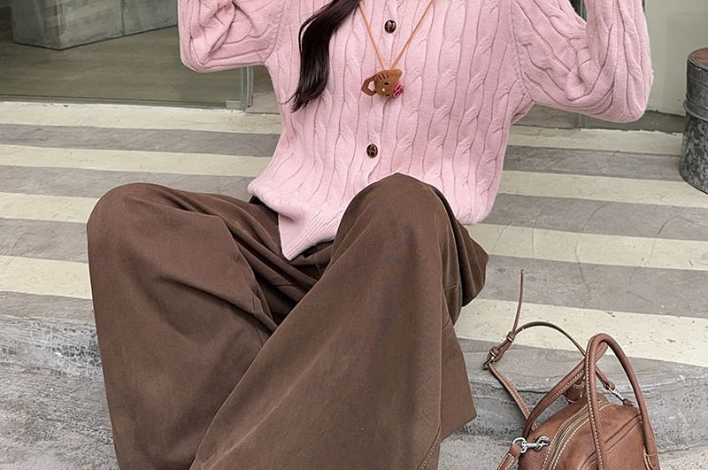 Collared Plain Cable Knit Cardigan