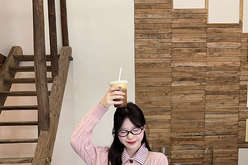 Collared Plain Cable Knit Cardigan