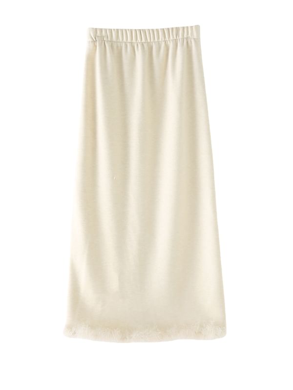 Fluffy Trim Fleece-Lined Midi Pencil Skirt