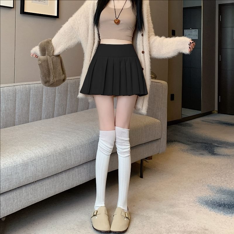 Pleated Mini A-Line Skirt High Waist