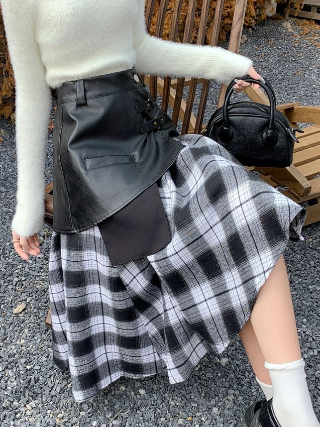 Plaid Asymmetrical Midi Skirt with Faux Leather Overlay