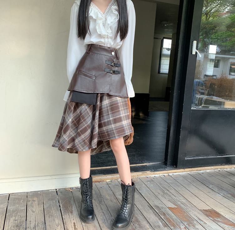 Plaid Asymmetrical Midi Skirt with Faux Leather Overlay
