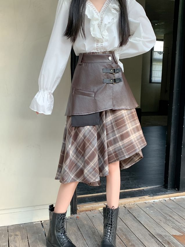 Plaid Asymmetrical Midi Skirt with Faux Leather Overlay