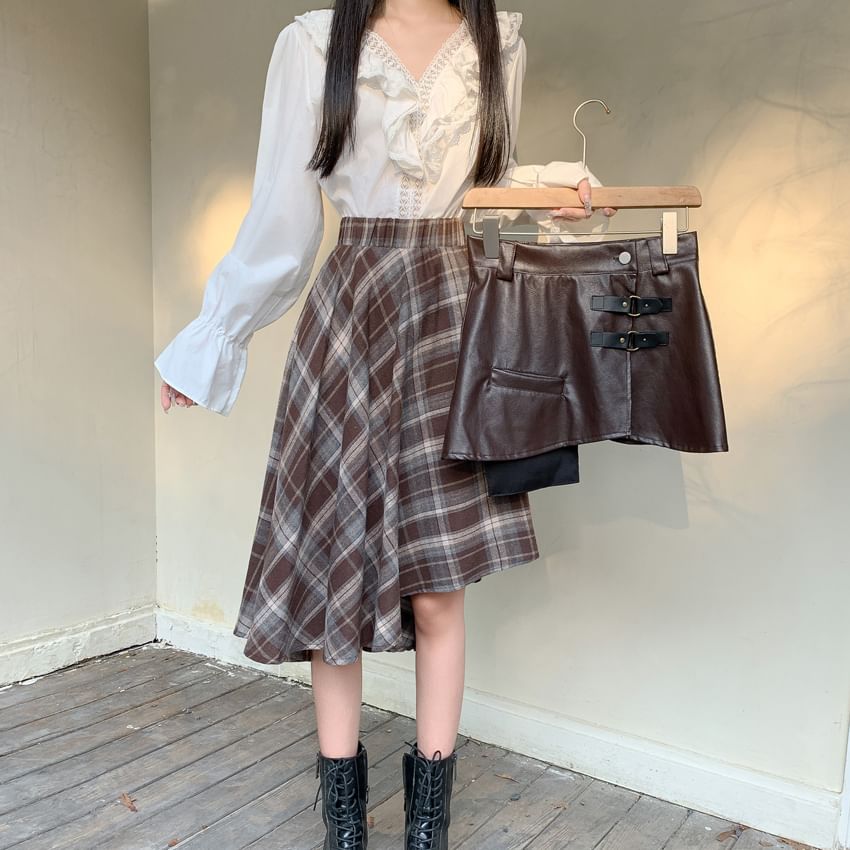 Plaid Asymmetrical Midi Skirt with Faux Leather Overlay