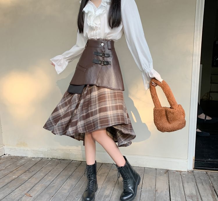 Plaid Asymmetrical Midi Skirt with Faux Leather Overlay