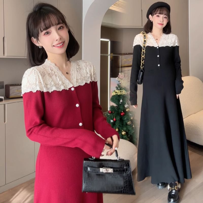 Maternity Long Sleeve Long Sleeve V-Neck Button Lace Panel Knit Maxi A-Line Dress