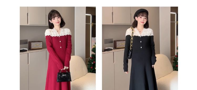 Maternity Long Sleeve Long Sleeve V-Neck Button Lace Panel Knit Maxi A-Line Dress