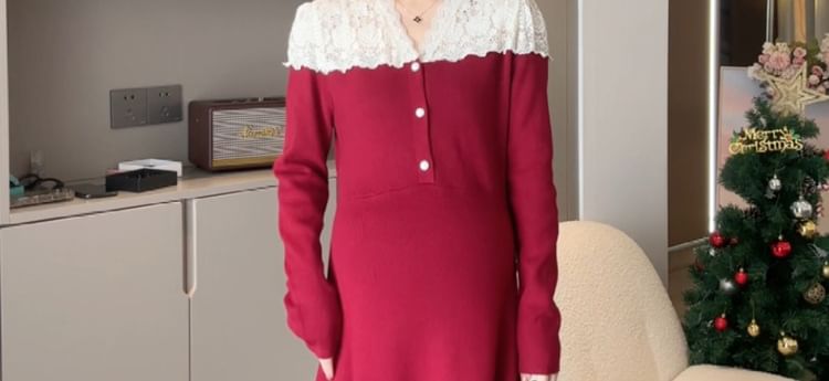Maternity Long Sleeve Long Sleeve V-Neck Button Lace Panel Knit Maxi A-Line Dress
