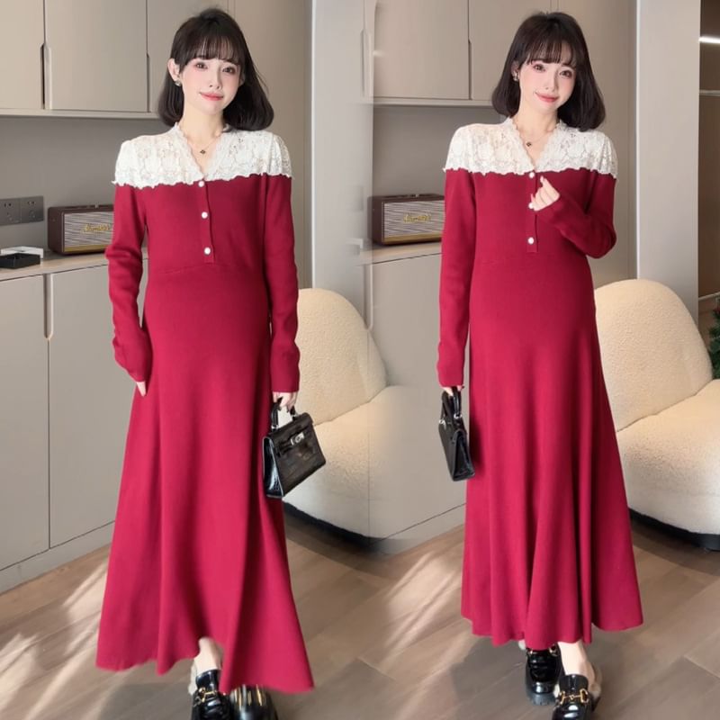 Maternity Long Sleeve Long Sleeve V-Neck Button Lace Panel Knit Maxi A-Line Dress